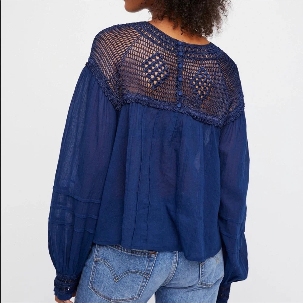 Free People Early Frost navy blue crocheted long sleeve blouse top Size S